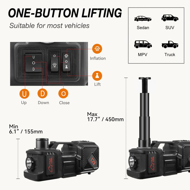 【🏆5-Year Warranty】5-in-1 Electric Hydraulic Car Jack Kit 5 Ton 12V Car Jack Hydraulic with Electric Impact Wrench & Inflator Pump, Portable Car Lift Emergency Roadside Tire Change Tool Set for SUV Sedan