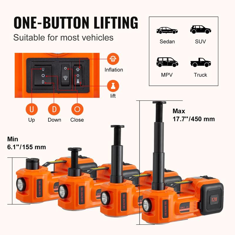 【🏆5-Year Warranty】5-in-1 Electric Hydraulic Car Jack Kit 5 Ton 12V Car Jack Hydraulic with Electric Impact Wrench & Inflator Pump, Portable Car Lift Emergency Roadside Tire Change Tool Set for SUV Sedan