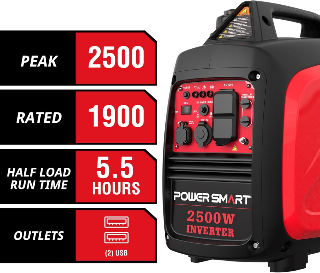 PowerSmart 2500-Watt Portable Inverter Generator, Gas Powered Quiet Inverter with CO Protect, EPA Compliant, Parallel Ready for RV Camping & Home Emergency Power