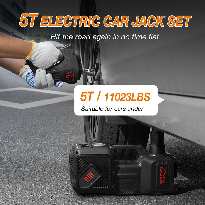 【🏆5-Year Warranty】5-in-1 Electric Hydraulic Car Jack Kit 5 Ton 12V Car Jack Hydraulic with Electric Impact Wrench & Inflator Pump, Portable Car Lift Emergency Roadside Tire Change Tool Set for SUV Sedan