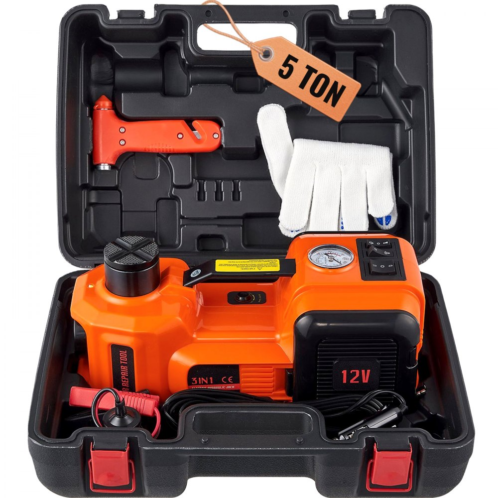 【🏆5-Year Warranty】5-in-1 Electric Hydraulic Car Jack Kit 5 Ton 12V Car Jack Hydraulic with Electric Impact Wrench & Inflator Pump, Portable Car Lift Emergency Roadside Tire Change Tool Set for SUV Sedan